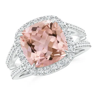 Angara Cushion Morganite Split Shank Ring With Diamond Halo In Metallic