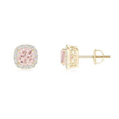 Angara Cushion Morganite Studs With Diamond Halo In Gold