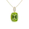 Angara Cushion Peridot Pendant With Diamond Leaf Bale In Yellow Gold/yellowish Green