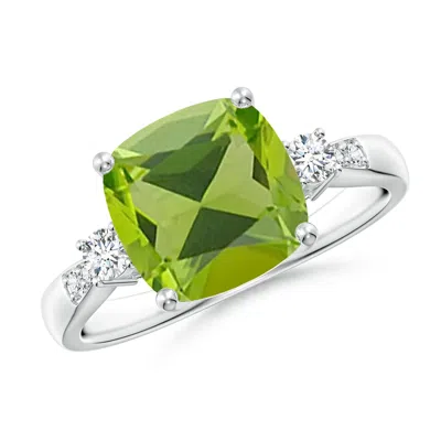 Angara Cushion Peridot Solitaire Ring With Diamond Accents In Green