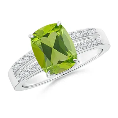 Angara Cushion Peridot Split Shank Ring With Diamond Accents In Metallic