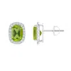 Angara Cushion Peridot Stud Earrings With Diamond Halo In White Gold/yellowish Green