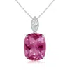 Angara Cushion Pink Tourmaline Pendant With Diamond Leaf Bale In White Gold/rich Pink