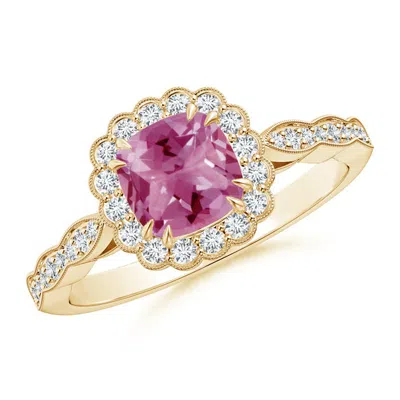 Angara Cushion Pink Tourmaline Ring With Floral Halo In Gold