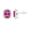 Angara Cushion Pink Tourmaline Stud Earrings With Diamond Halo In Platinum/rich Pink