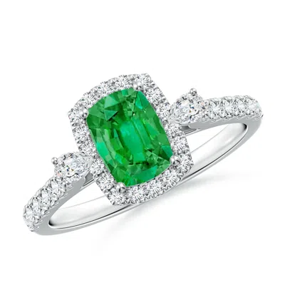 Angara Cushion Rectangular Emerald Halo Side Stone Engagement Ring In Green