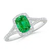 Angara Cushion Rectangular Emerald Halo Split Shank Engagement Ring In White Gold/rich Medium Green