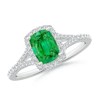 Angara Cushion Rectangular Emerald Halo Split Shank Engagement Ring In Metallic