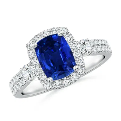Angara Cushion Rectangular Lab-grown Blue Sapphire Halo Double Shank Engagement Ring In Metallic