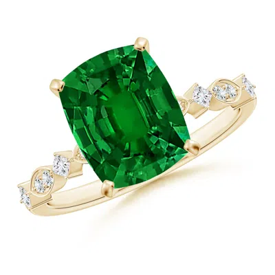 Angara Cushion Rectangular Lab-grown Emerald Engagement Ring With Marquise Motifs In Gold
