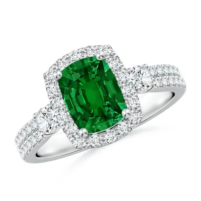 Angara Cushion Rectangular Lab-grown Emerald Halo Double Shank Engagement Ring In Metallic