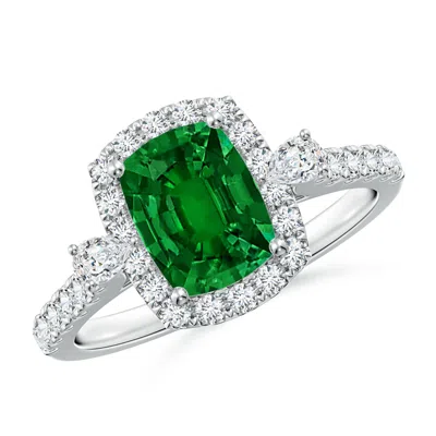 Angara Cushion Rectangular Lab-grown Emerald Halo Side Stone Engagement Ring In Metallic