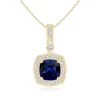 Angara Cushion Sapphire Pendant With Diamond Halo In Yellow Gold/medium To Rich Blue