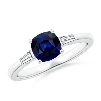 Angara Cushion Sapphire Ring With Bar-set Tapered Baguette Diamonds In Blue
