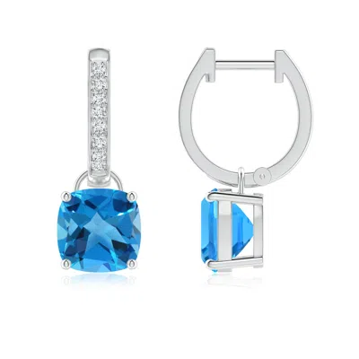 Angara Cushion Swiss Blue Topaz Drop Earrings With Diamond Accents