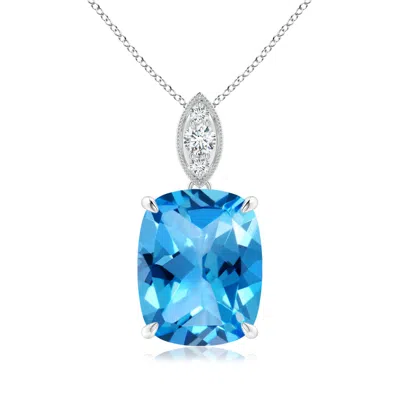 Angara Cushion Swiss Blue Topaz Pendant With Diamond Leaf Bale In Black