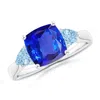 Angara Cushion Tanzanite And Trillion Aquamarine Three Stone Ring In White Gold/rich Violet Blue