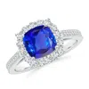 Angara Cushion Tanzanite Cocktail Ring With Diamond Halo In White Gold/rich Violet Blue