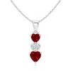 Angara Dangling Ruby And Diamond Triple Heart Pendant In White Gold/deep Rich Red