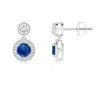 Angara Dangling Sapphire And Diamond Halo Earrings With Milgrain In White Gold/medium To Rich Blue