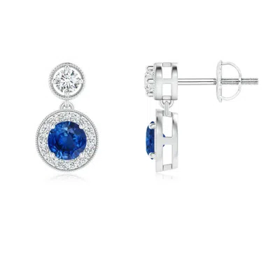 Angara Dangling Sapphire And Diamond Halo Earrings With Milgrain In Metallic