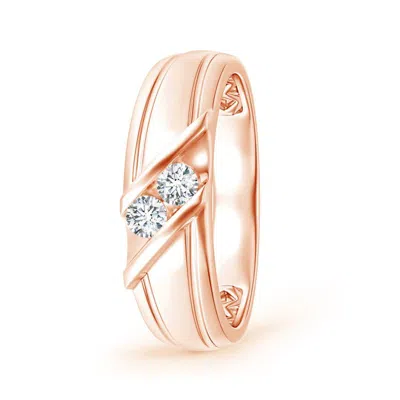 Angara Diagonal Two Stone Diamond Wedding Ring With Ridged-edge In Rose Gold/g