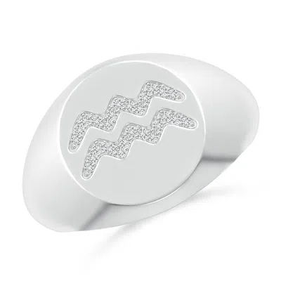Angara Diamond Aquarius Zodiac Sign Signet Ring In Metallic