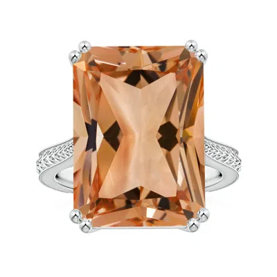 Angara Double Claw-set Gia Certified Solitaire Emerald-cut Morganite Ring With Leaf Motifs In Metallic