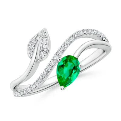 Angara Emerald And Diamond Bypass Ring With Leaf Motif In Metallic