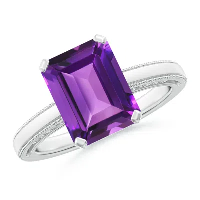 Angara Emerald Cut Amethyst Solitaire Ring With Milgrain In Metallic