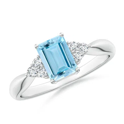 Angara Emerald-cut Aquamarine Ring With Trio Diamonds In Metallic