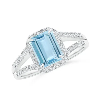 Angara Emerald-cut Aquamarine Split Shank Halo Ring In Blue
