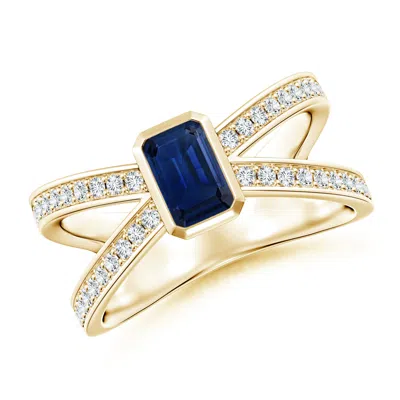 Angara Emerald-cut Blue Sapphire Criss Cross Solitaire Ring