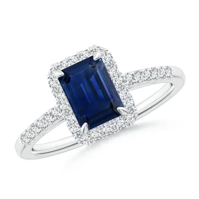 Angara Emerald-cut Blue Sapphire Engagement Ring With Diamond Halo