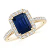 Angara Emerald-cut Blue Sapphire Halo Ring In Yellow Gold/medium To Rich Blue