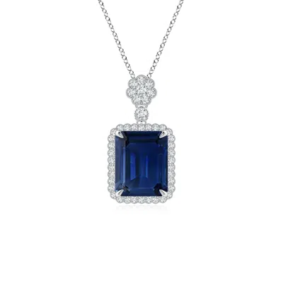 Angara Emerald Cut Blue Sapphire Pendant With Floral Bale In Metallic