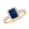 Angara Emerald-cut Blue Sapphire Reverse Tapered Shank Halo Engagement Ring In Yellow Gold/medium To Rich Blue