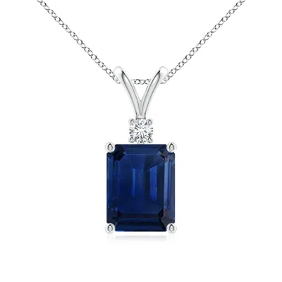 Angara Emerald-cut Blue Sapphire Solitaire Pendant With Diamond In Metallic