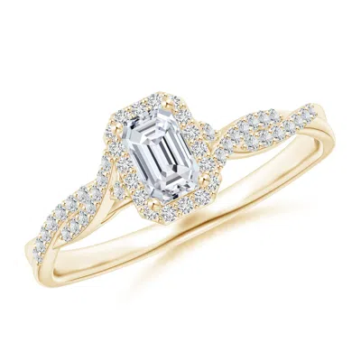 Angara Emerald-cut Diamond Halo Twisted Shank Ring In Gold