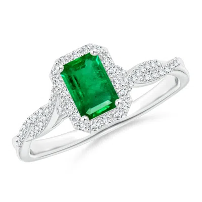 Angara Emerald-cut Emerald Halo Twisted Shank Ring In Metallic