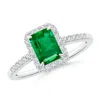 Angara Emerald-cut Emerald Ring With Diamond Halo In Platinum/rich Medium Green