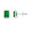 Angara Emerald-cut Emerald Stud Earrings With Diamond Halo In White Gold/rich Green