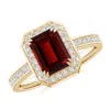 Angara Emerald-cut Garnet Engagement Ring With Diamond Halo In Yellow Gold/rich Red
