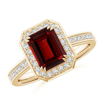Angara Emerald-cut Garnet Engagement Ring With Diamond Halo In Red