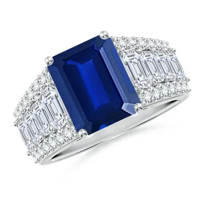Angara Emerald-cut Lab-grown Blue Sapphire Broad Engagement Ring With Accents