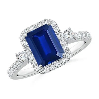 Angara Emerald-cut Lab-grown Blue Sapphire Halo Side Stone Engagement Ring In Metallic