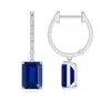 Angara Emerald-cut Lab-grown Blue Sapphire Hoop Drop Earrings With Diamonds In White Gold/deep Rich Blue