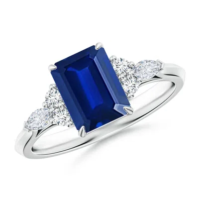 Angara Emerald-cut Lab-grown Blue Sapphire Side Stone Engagement Ring With Diamonds In Metallic