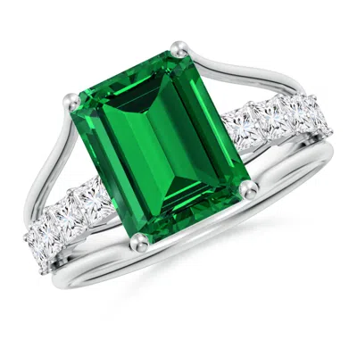 Angara Emerald-cut Lab-grown Emerald Bridge Engagement Ring In Green