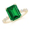 Angara Emerald-cut Lab-grown Emerald Engagement Ring With Marquise Motifs In Yellow Gold/rich Green